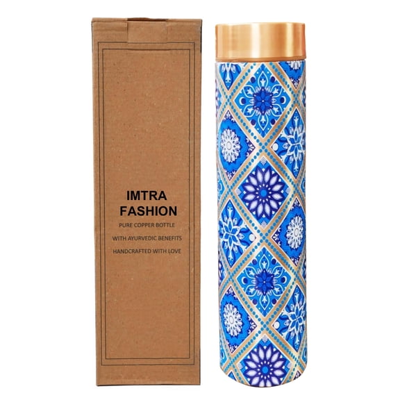 IMTRA FASHION Pencil Copper Water Bottle 25 OZ/750 ML Color Engraving Work Drinking Flask Ayurvedic Leakproof Bottle for Sports, Yoga