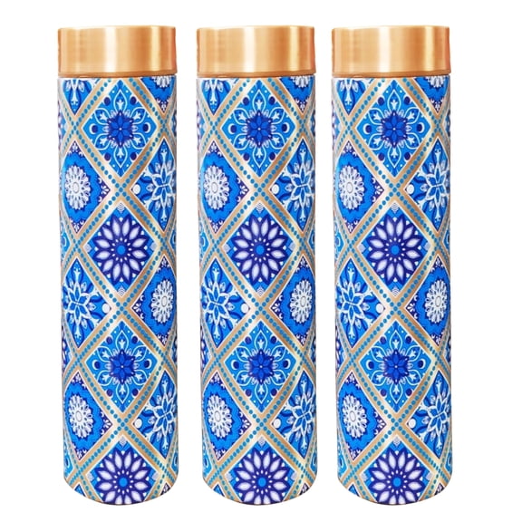 IMTRA FASHION Pencil Copper Water Bottle 25 OZ/750 ML Set of 3 Color Engraving Work Drinking Flask Leakproof Bottle for Sports