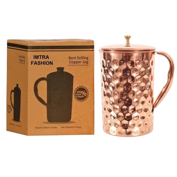 IMTRA FASHION Pure Copper Pitcher With Lid 1500 ml/50.7 fi oz Handmade Diamond Cut Water Jug for Drinking