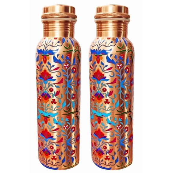 IMTRA FASHION Pure Copper Water Bottle Set of 2 Copper Vessel Color Engraving Work 32oz/95o m Drink Flask Bottle  Daily Use