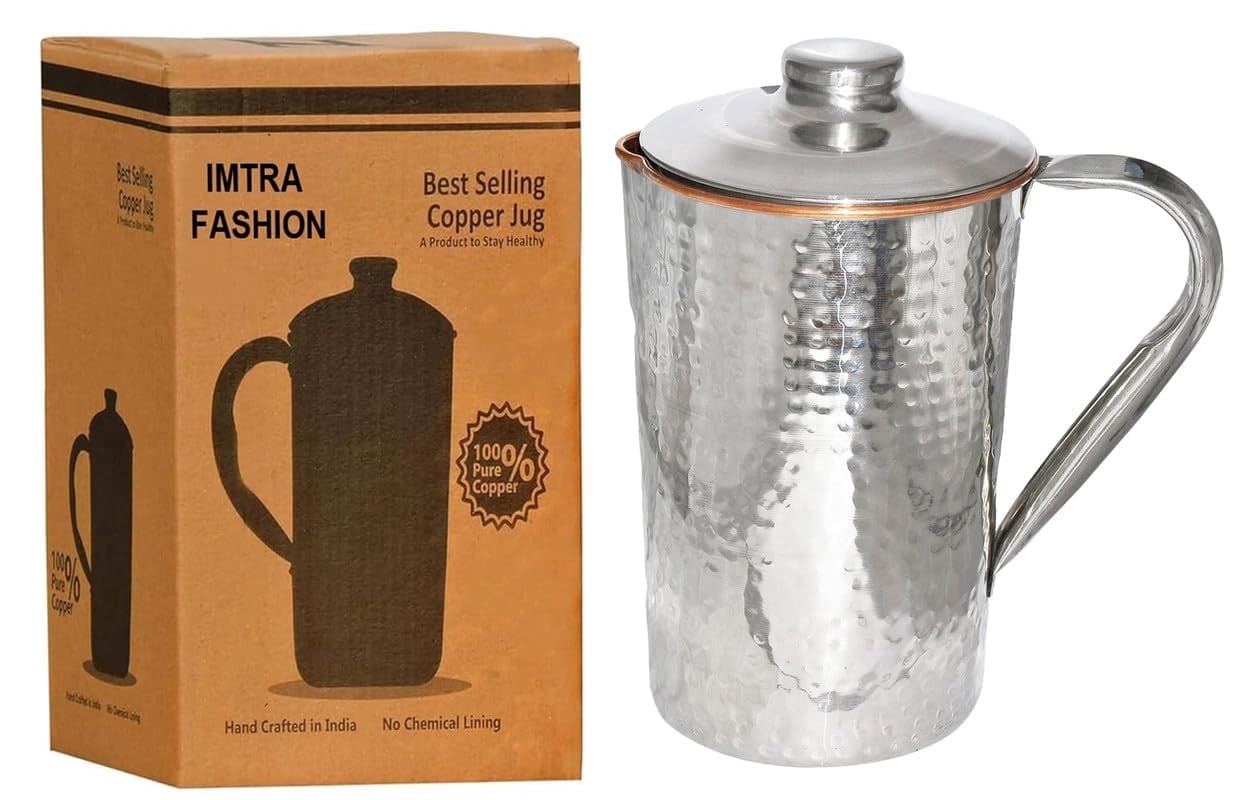 IMTRA FASHION Pure Copper and Stainless Steel Pitcher 50.7 Fl Oz Hammered Water Jug With Lid for Drinking Ayurveda Health Benefits