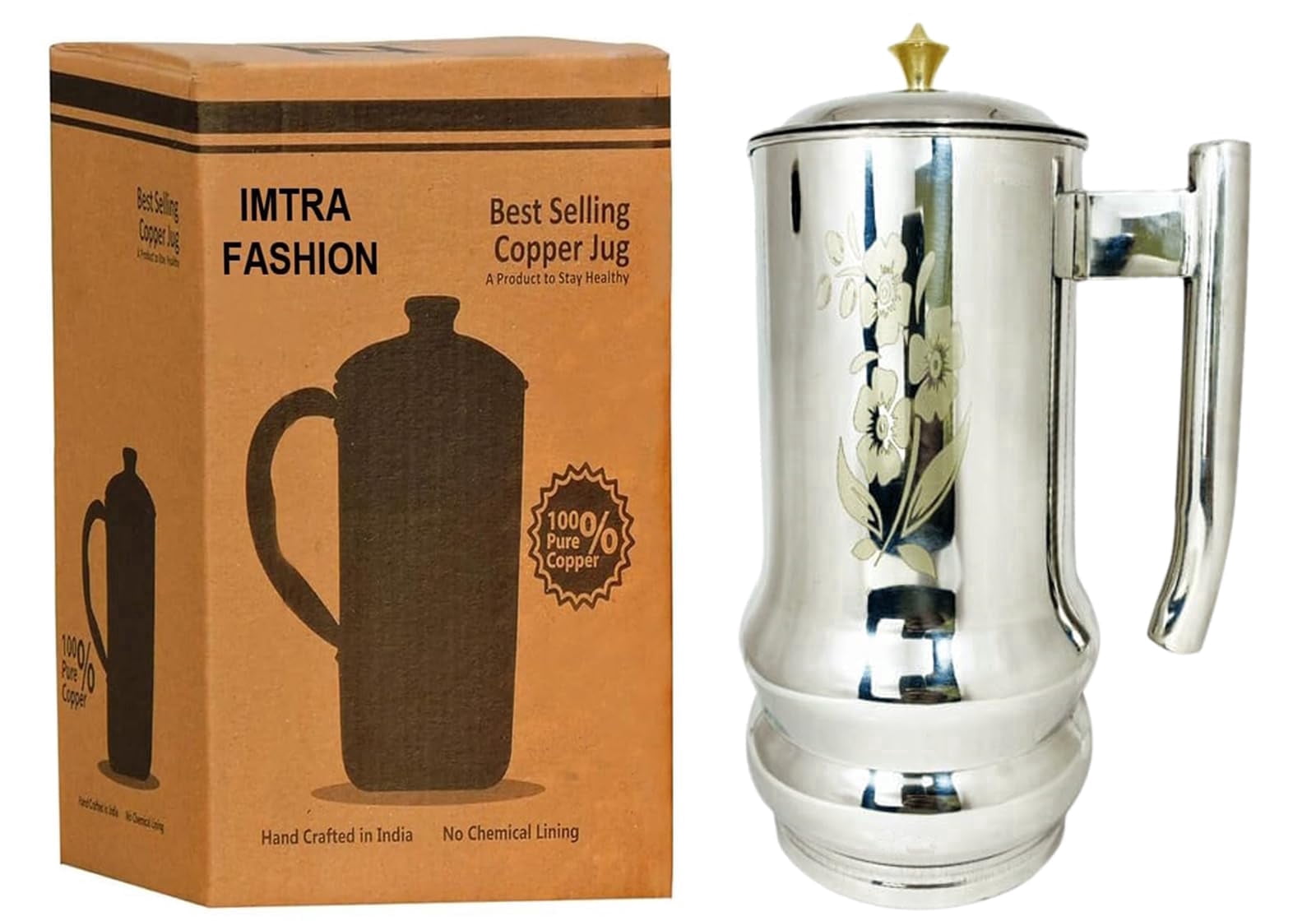 IMTRA FASHION Pure Copper and Stainless Steel Water Jug 50.7 Fl Oz Laser Print Pitcher With Lid for Drinking