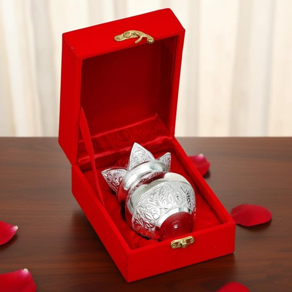 IMTRA FASHION Silver Plated Pooja Kalash with Coconut and Red Velvet Box,Traditional Design, Religious Worship Vessel for Diwali Decor Mangal Kalash