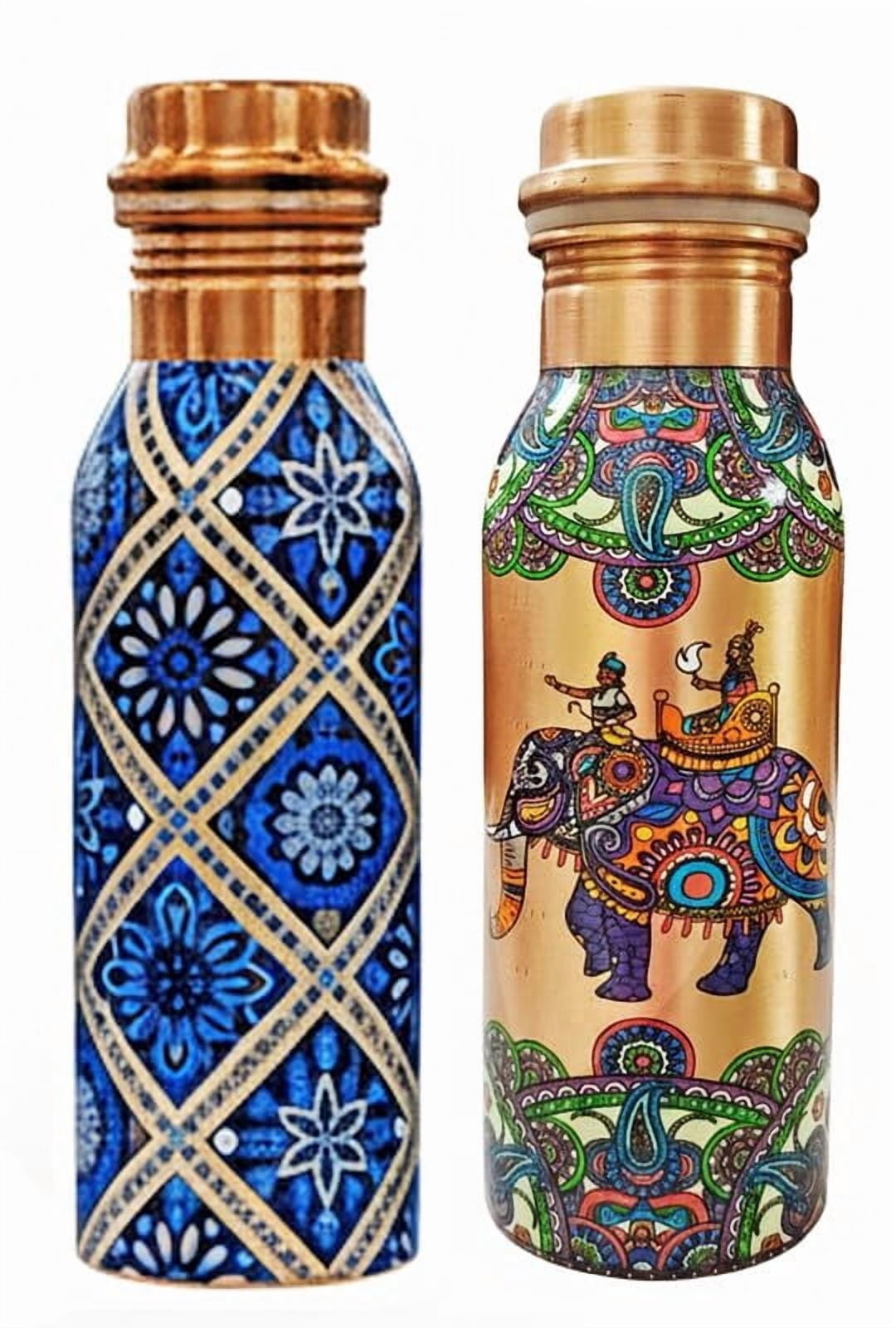 IMTRA FASHION Small Copper Water Bottle Combo 17 OZ/500 ML Color Engraving Work Drinking Flask Ayurvedic Leakproof Bottle for Sports, Yoga