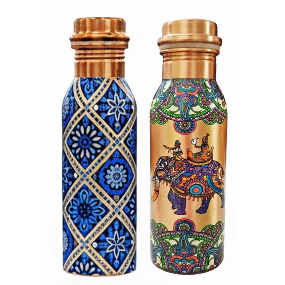 IMTRA FASHION Small Copper Water Bottle Combo 17 OZ/500 ML Color Engraving Work Drinking Flask Ayurvedic Leakproof Bottle for Sports, Yoga