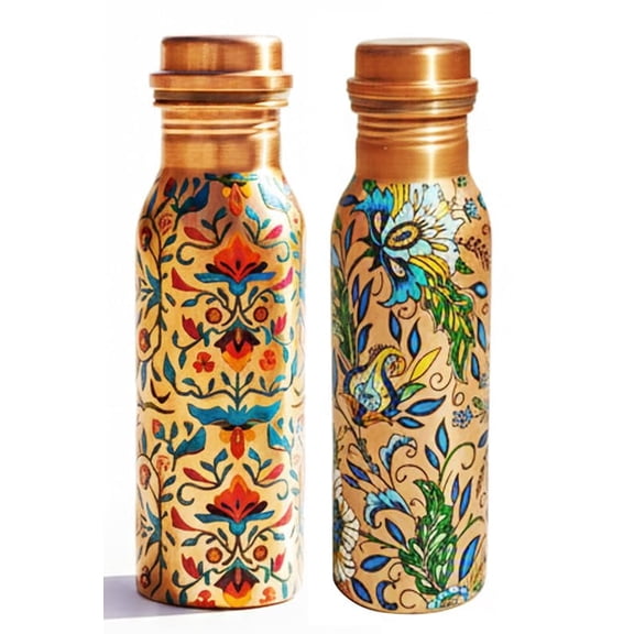IMTRA FASHION Small Copper Water Bottle Combo 17 OZ/500 ML Color Engraving Work Drinking Flask Ayurvedic Leakproof Bottle for Sports, Yoga