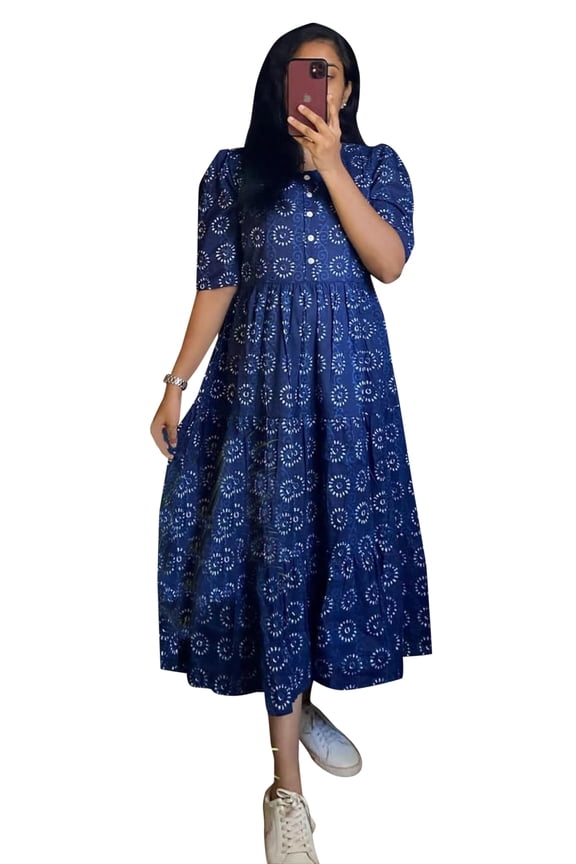 Women Cotton Kurti Floral Printed Flared Kurta Pleated Summer Dress