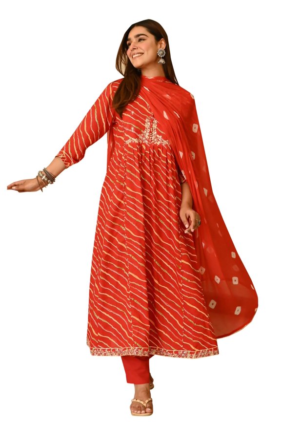 Women's Lahariya Print Pure Cotton Kurti Set with Dupatta A-Line Dress-Orange-XX-Large
