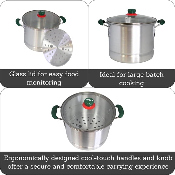 IMUSA 12Qt Aluminum Tamale Steamer Pot with Mexican Map Knob Large Stock Pot with Steamer Insert, Green Handles & Glass Lid for Tamales, Seafood, Vegetables & Hispanic Recipes