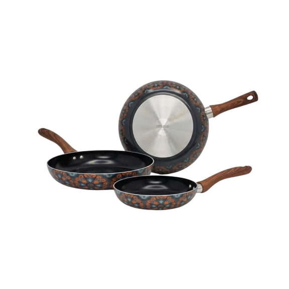 IMUSA 3pc 7in/9in/11in Talavera Aluminum Black Ceramic Fry Pan Set with Wood Look Handle