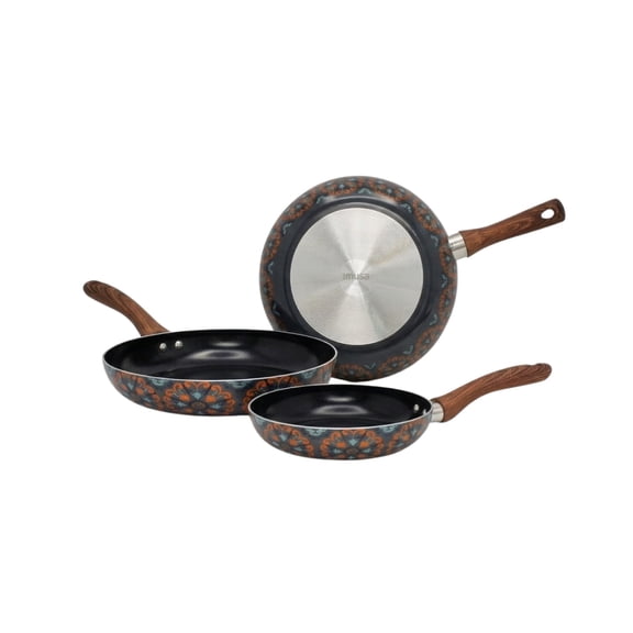 IMUSA 3pc 7in/9in/11in Talavera Aluminum Black Ceramic Fry Pan Set with Wood Look Handle