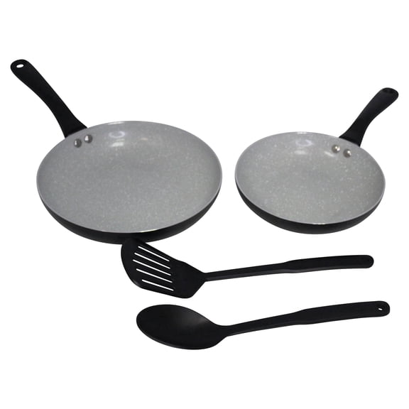 IMUSA 4pc Premier-Cera Aluminum Speckled Gray Ceramic Fry Pan Set & Kitchen Tools, Black
