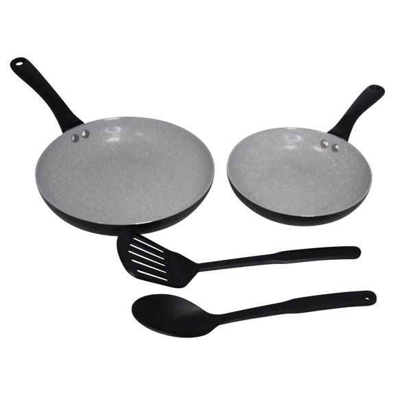 IMUSA 4pc Premier-Cera Aluminum Speckled Gray Ceramic Fry Pan Set & Kitchen Tools, Black