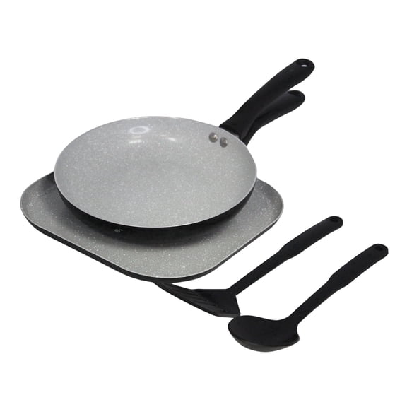 IMUSA 4pc Premier-Cera Aluminum Speckled Gray Ceramic Fry Pan, Square Griddle Set with Kitchen Tools, Black