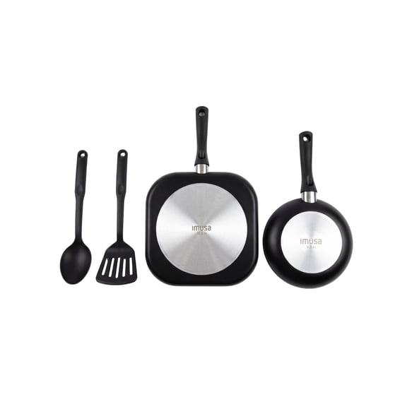 IMUSA 4pc Premier-Cera Aluminum Speckled Gray Ceramic Fry Pan, Square Griddle Set with Kitchen Tools, Black