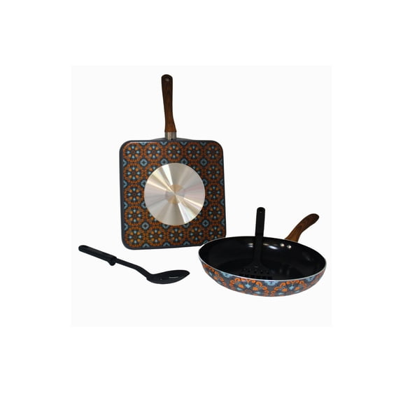 IMUSA 4pc Talavera Aluminum Black Ceramic Value Fry Pan & Square Griddle Set with Wood Look Handle & Kitchen Tools