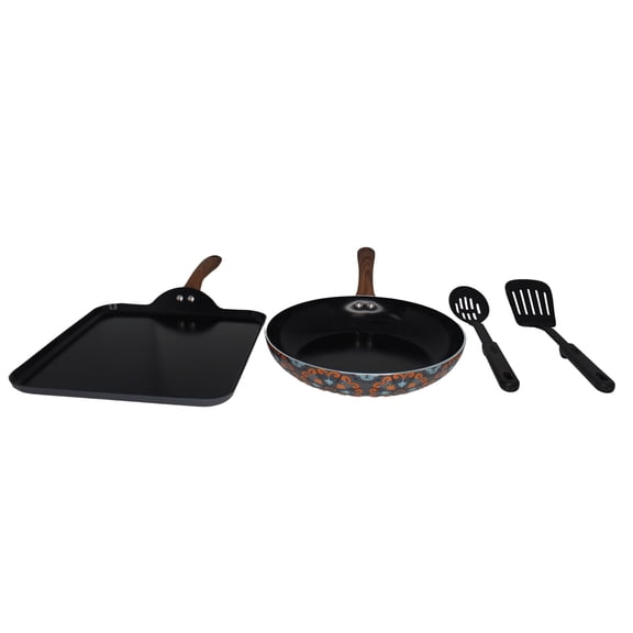 IMUSA  4pc Talavera Aluminum Black Ceramic Value Fry Pan & Square Griddle Set with Wood Look Handle & Kitchen Tools