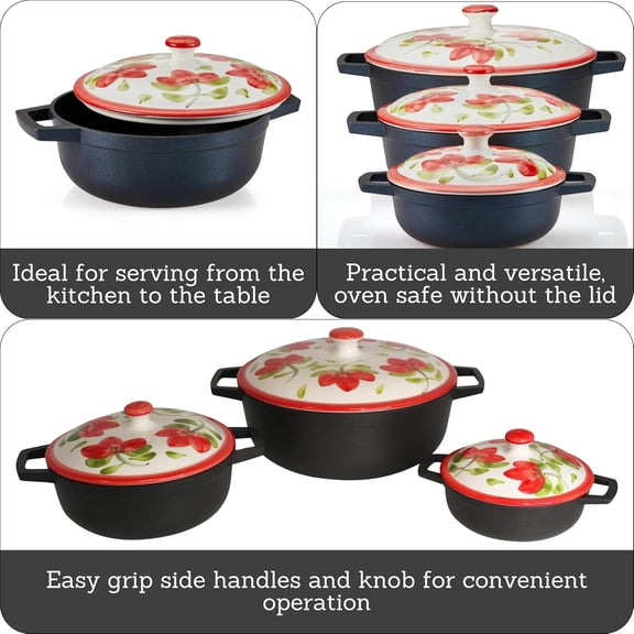 IMUSA 6-Piece Cast Aluminum Nonstick Caldero Set with Floral Ceramic Lids, Black