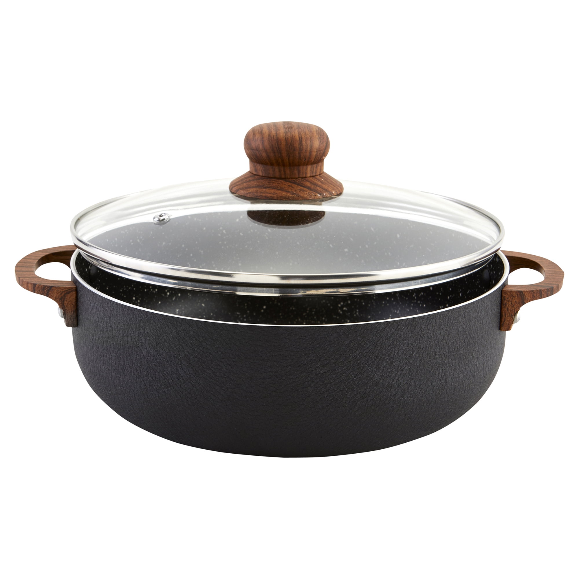 IMUSA 9.0qt Black Stone Aluminum Speckled Ceramic Caldero with Glass Lid & Wood Look Handles, Black