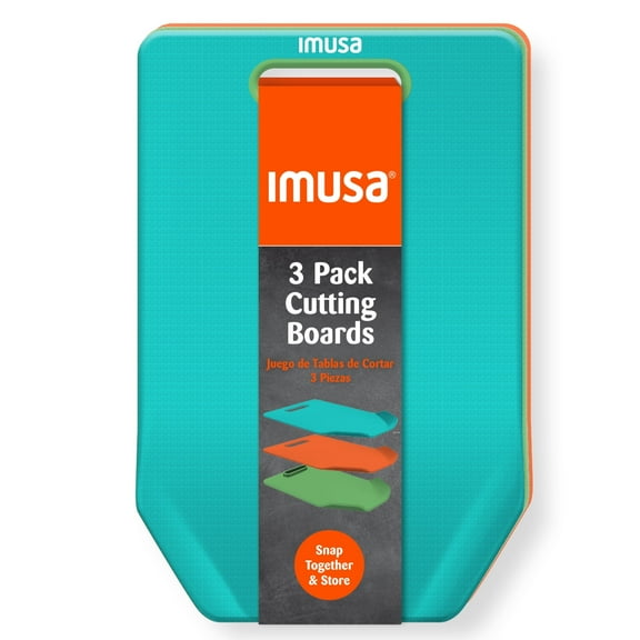 IMUSA Cutting Board Set – 3-Pack Plastic Cutting Boards for Kitchen, 11.8" x 7.4" Color-Coded Chopping Boards with Handles and Curved Edge, Nesting Small Cutting Boards, Dishwasher Safe
