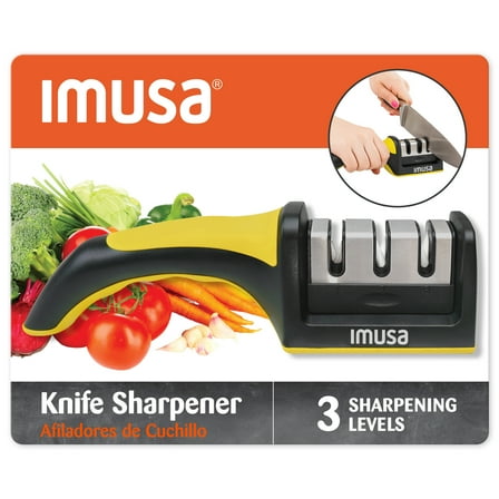 IMUSA Knife Sharpener, 3-Stage Manual Kitchen and Pocket Knife Sharpener, Stainless Steel