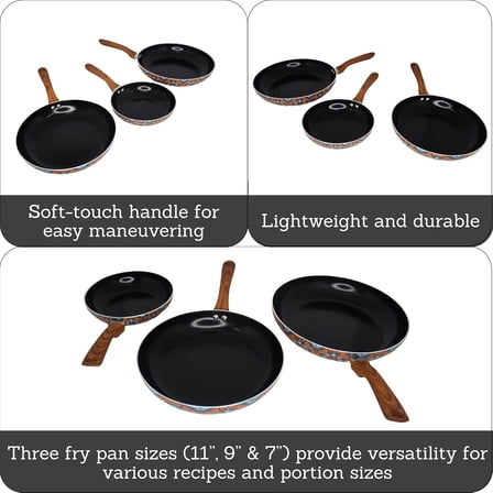 IMUSA Nonstick Ceramic Cookware Set 3-Piece 7in/9in/11in, with Soft-Touch Handles, Aluminum, Black