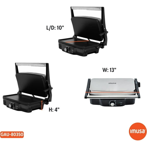 IMUSA Stainless Steel  Press Electric with Adjustable Temperature Settings and Nonstick Plates, 1200W