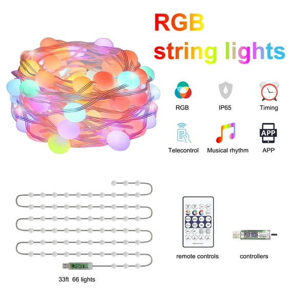 IMVE 33FT 66 LED RGB Lights, USB, App/Remote/Button Control,for Holiday Parties,white wire