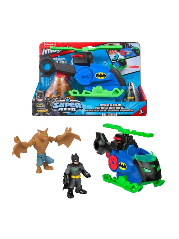 DC Super Friends Batcopter vs Man-Bat Set with Batman, Man-Bat, Launching Disc (Styles May Vary)