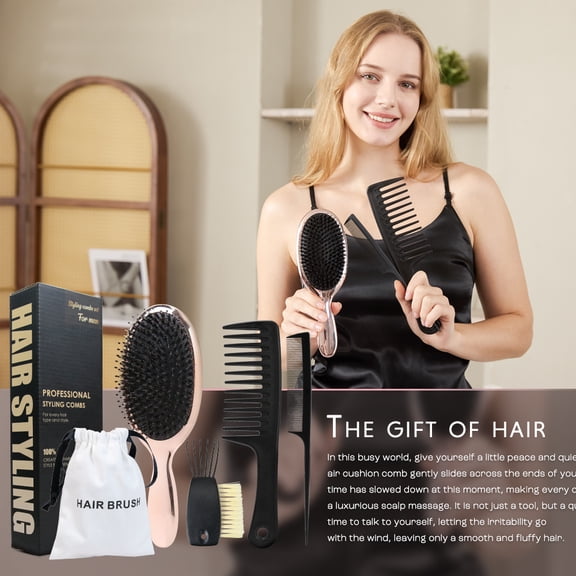 IMY-5pcs, Nylon Soft Boar Bristle Air Bag Paddle Detangling Scalp Massage Hair Brush Wide Tooth Comb Sets