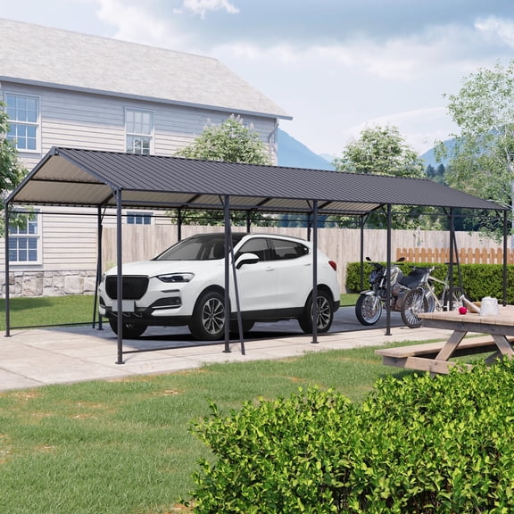 IMagacFun 13x26.5 Metal Heavy Duty Carport Outdoor Canopy with Galvanized Steel Roof and Frame,Large Garage with 4 Fixed inclined square tube supports for Driveway Car,Truck
