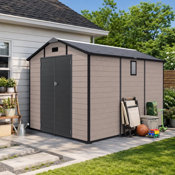 IMagacFun 8x10 Skylight Plastic Storage Shed Outdoor Resin Tool Shed with Lockable Doors,Window and Floor Champagne