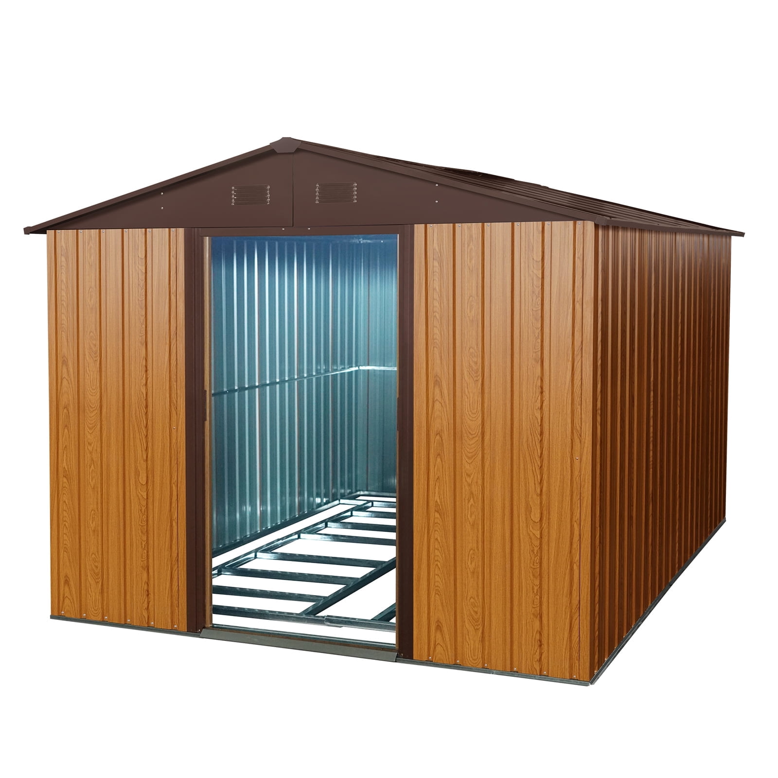 IMagacFun 8x10 Metal Outdoor Storage Shed with Floor Base and Lockable Sliding Doors & Vents for Garden Backyard Patio Lawn Coffee