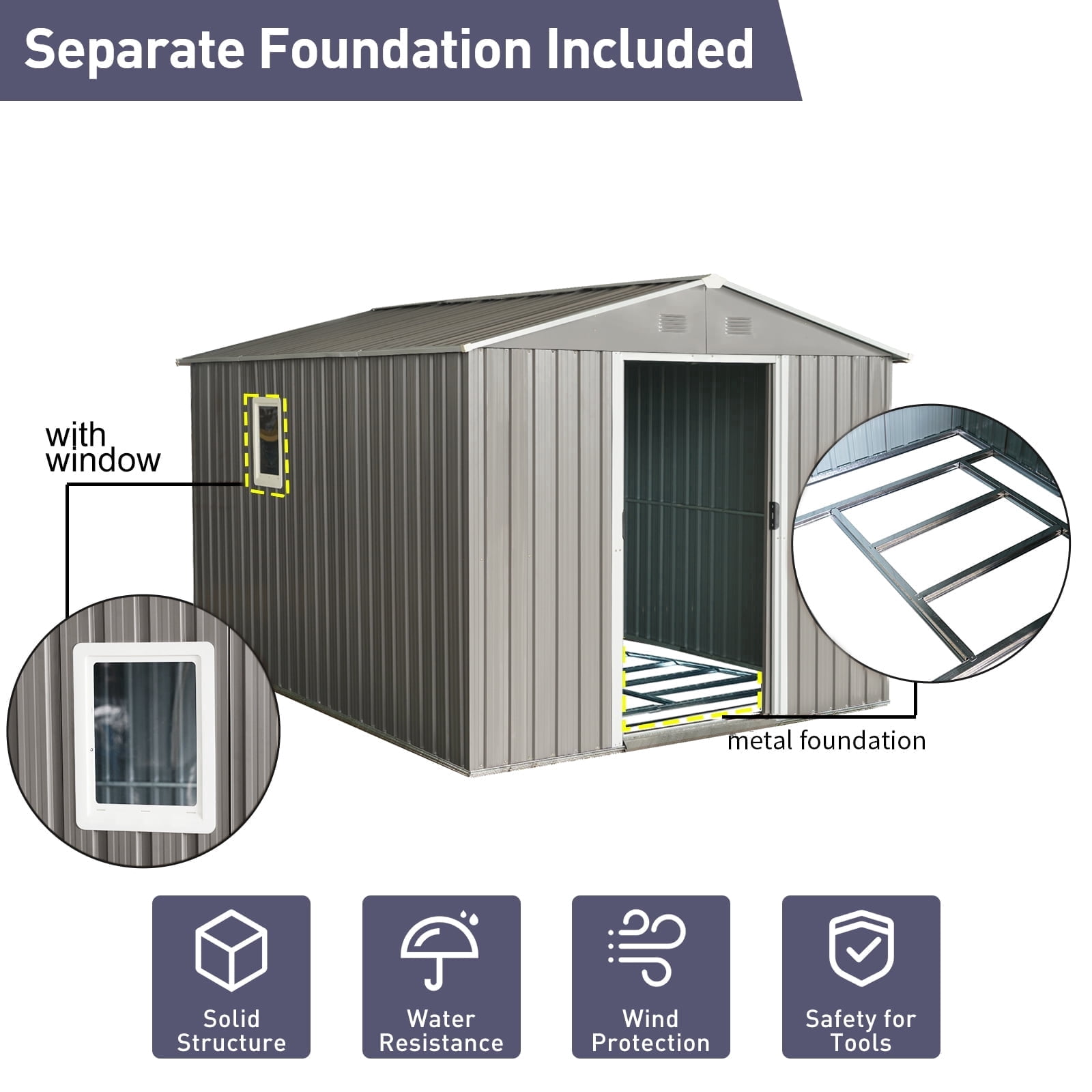 IMagacFun 8x10 Metal Outdoor Storage Shed with Floor Base and Window & Lockable Sliding Doors for Garden Backyard Patio Lawn Gray