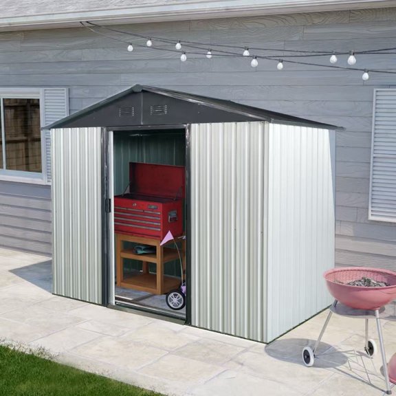 IMagacFun 8x4 Metal Outdoor Storage Shed with Floor Base and Lockable Sliding Doors & Vents for Garden Backyard Patio Lawn White-Black