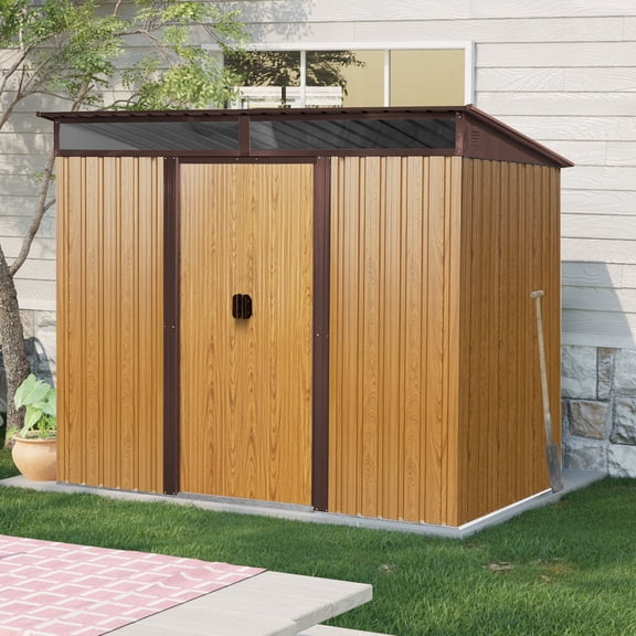 IMagacFun 8x6 Metal Outdoor Storage Shed with Floor Base and Lockable Sliding Doors & Transparent plate for Garden Backyard Patio Lawn Coffeek