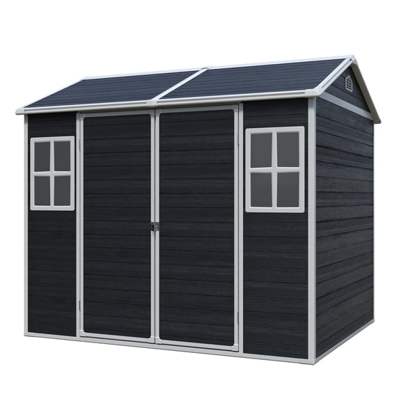 IMagacFun 8x6 Resin Outdoor Storage Shed Heavy Duty Waterproof Shed Plastic Shed with Floor,2 Windows and Lockable Doors for Garden Patio Backyard Black