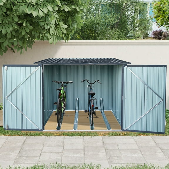 IMagacFun Outdoor Metal Bike Storage Shed For Bicycle with 4 Adjustable Bike Tracks and Lockable Doors & Vents Black
