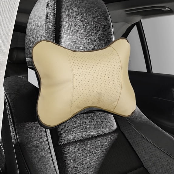 IMossad Car Neck Pillows Both Side Pu Leather 2pieces Pack Headrest Fit for Most Cars Filled Fiber Universal Car Pillow (Beige)