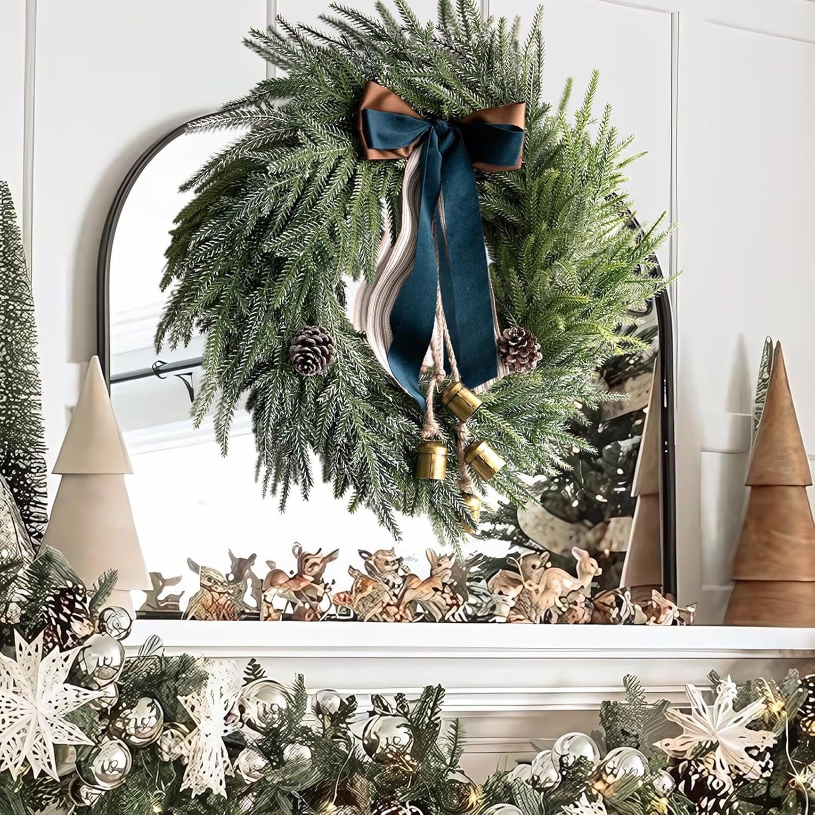 18-Inch Green Artificial Pine Christmas Wreath with Bells and Ribbon