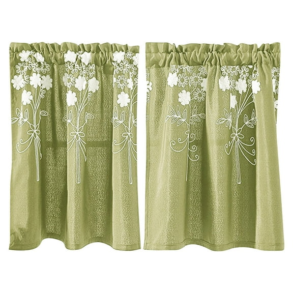 IMossad Embroidered Curtains with Checkered Border – Light Blocking Short Curtains for Kitchen, Bathroom & Small Windows, Rod Pocket Easy Installation