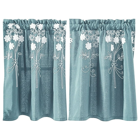 IMossad Embroidered Curtains with Checkered Border – Light Blocking Short Curtains for Kitchen, Bathroom & Small Windows, Rod Pocket Easy Installation