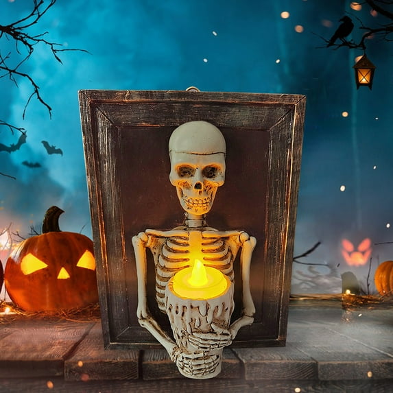 IMossad Framed 3D Skeleton Torso Holding Candle, Skull Photo Frame Candle Light, Halloween Resin Wall Decor, 3D Skeleton Picture Frame with Candle Light