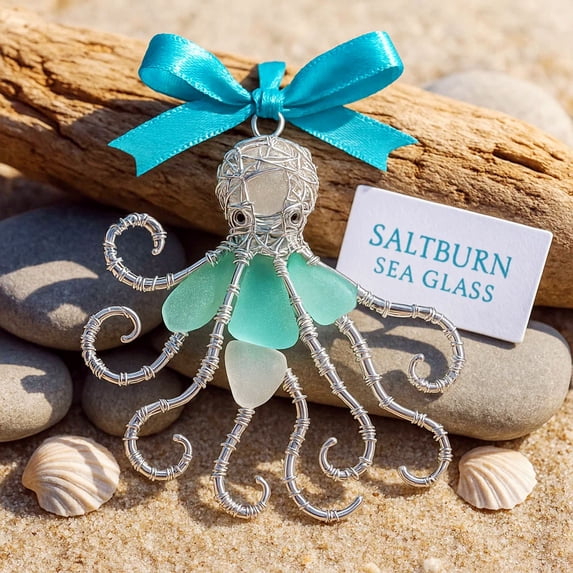 IMossad Handmade Octopus Sea Glass Ornament, Silver Wire Wrapped Coastal Christmas Decor, Hanging Pendant for Xmas Tree, Holiday Home Decoration Gift