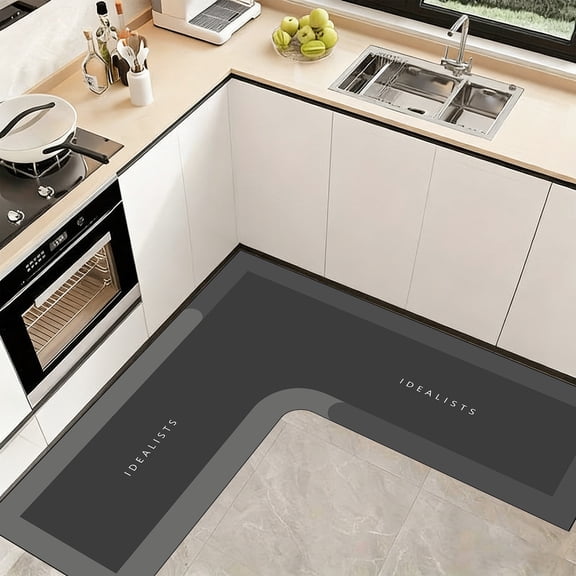IMossad Kitchen Rug, L-Shaped Floor Mat for Living Room or Kitchen, Velvet Fleece Memory Foam Carpet, Absorbent, Non-Slip, Machine Washable, Comfortable Anti-Fatigue Mat for Cooking