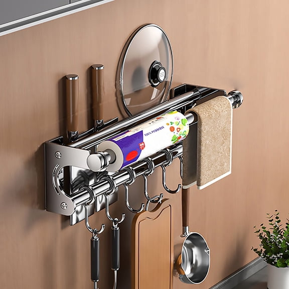 IMossad Kitchen Sliding Hooks, Stainless Steel Utensil Hanging Rack with 6 Removable S Hooks, Wall Mounted Kitchen Rail Organizer for Pot Lid Pan Spoon