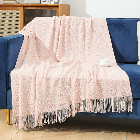 IMossad Knitted Throw Blanket Soft Sofa Knit Blanket for Couch 50 x 67 Inches, Solid Cozy Lightweight Wave Pattern Decorative Blankets with Tassels for Women
