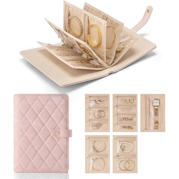 IMossad Leather Jewelry Storage Book, Foldable Travel Organizer with Zipper & Velvet Bag, Ring Binder for Necklaces, Earrings, Rings