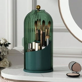 IMossad Makeup Brush Holder Organizer with Lids, 360°Rotating Clear Dustproof Make Up Brush Container Box, Vanity Spinning Cosmetic Tools Storage Cup for Desktop Office Bathroom Countertop