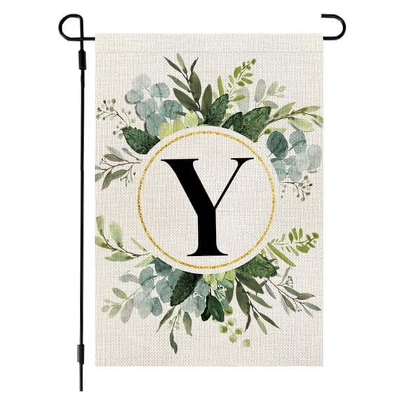IMossad Personalized Green Plant Print Flax Garden Flag with Customized Initial Letter - Ideal for Hanging at Courtyard Gate,Letter Y